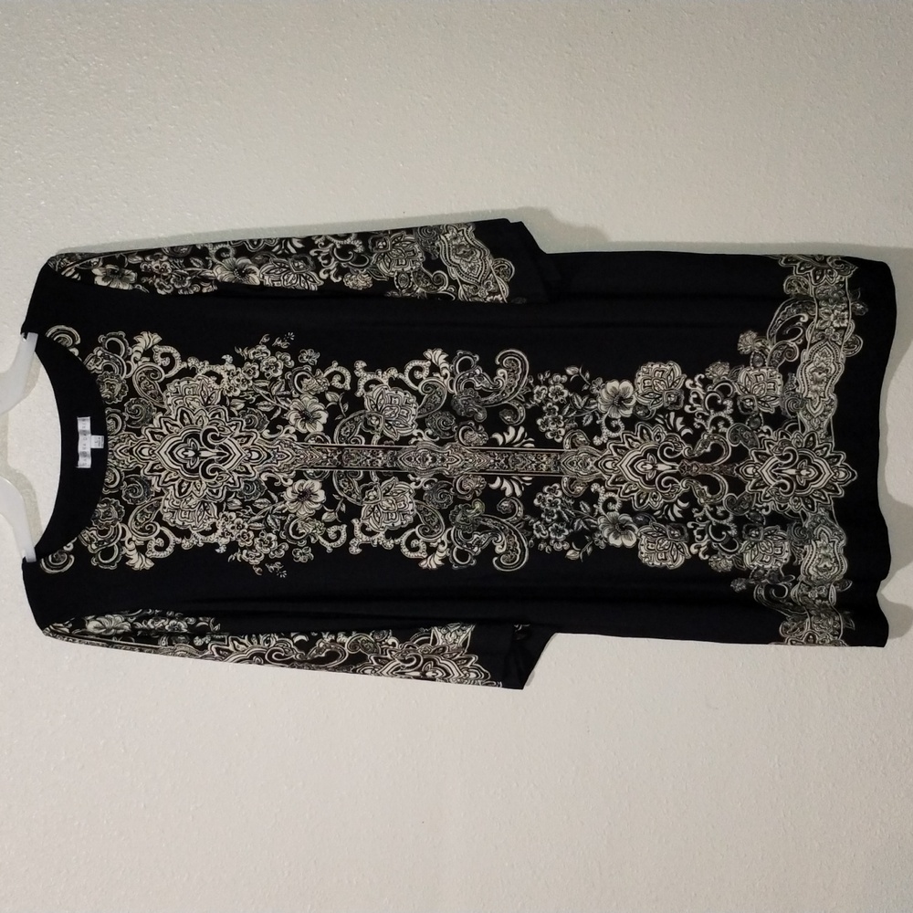 Sandra Darren size large black and tan patterned mid-sleeve asymmetrical dress